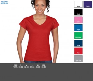 64V00L Ladies' V-Neck T-Shirt £9.99. 1,27cm mitred V-neck collar, Fitted silhouette with side seam, Twin needle sleeve and bottom hems, Taped neck and shoulders, 100% ring-spun Cotton pre-shrunk jersey knit, 150g/m² (141g/m² White)