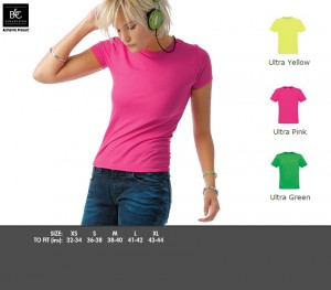 TW251 Women-only Neon - £9.99. Thin crew neck collar in self fabric, Double topstitched hems, Side seams, Single jersey, 65% Polyester, 35% Pre-shrunk ringspun cotton, 145gsm.