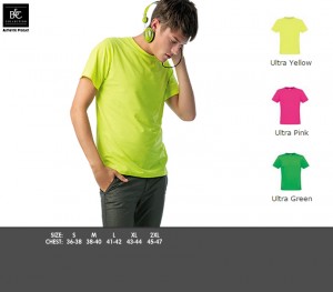 TM250 Men-only Neon - £9.99. Thin crew neck collar in self fabric, Double topstitched hems, Side seams, Single jersey, 65% Polyester, 35% Pre-shrunk ringspun cotton, 145gsm.