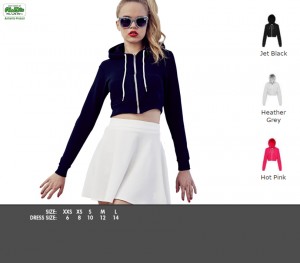 JH056 Girlie cropped zoodie - £17.99. Kangaroo pouch pocket, Double fabric hood, Contrast white drawcord, 80% Ringspun cotton, 20% Polyester, 280gsm.