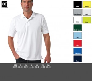SG59 Mens' Polycotton Polo £11.99. Ripple collar and cuff to help hold shape, Self-fabric neck binding, Spare button, 2 button placket, Side vents for best fit, Side seamed, 65% Polyester, 35% ring-spun Cotton piqué, 215g/m²