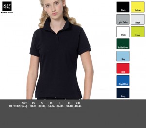 SG59F Ladies' Polycotton Polo £11.99. Ripple collar and cuff to help hold shape, Self-fabric neck binding, Spare button, 2 button placket, Side vents for best fit, Side seamed, 65% Polyester, 35% ring-spun Cotton piqué, 215g/m²
