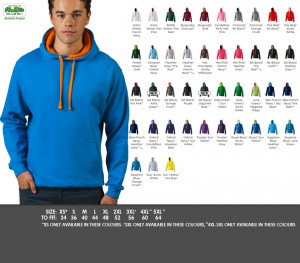 JH003 Varsity Hoodie - £16.99. Kangaroo pouch pocket, Hidden earphone loops, Double fabric hood with contrast inner, 80% Cotton, 20% Polyester, 280gsm.