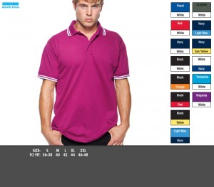 KK409 Tipped Collar Polo - £13.99. Taped back neck, Half moon yoke, Flat knit collar with tipping, 65% Polyester, 35% Cotton, 185gsm.